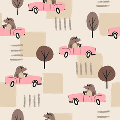 Seamless pattern with cute mole in the car. Vector road illustration for kids © Afanasia