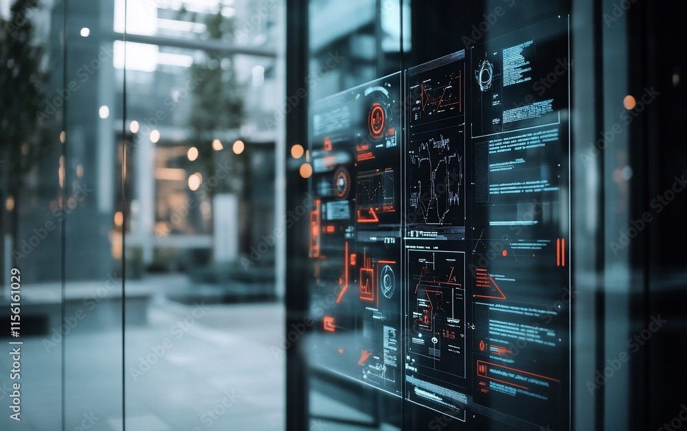Poster futuristic digital interface displayed on a glass panel in a modern city setting.