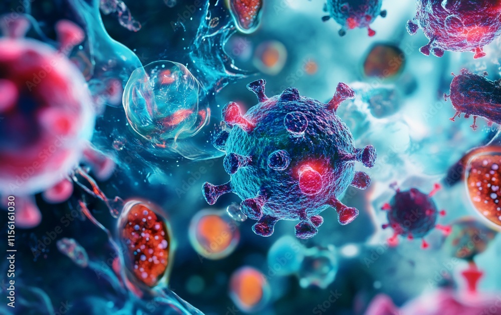 Poster Microscopic view of viruses and cells, illustrating infection and cellular interaction.