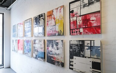 Abstract art gallery wall display of colorful paintings in a modern white room.