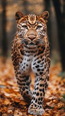 Obraz premium Majestic Leopard Strolling Through Autumn Forest with Vibrant Fall Leaves and Rich Colors Captures the Essence of Wilderness and Wildlife in Natural Habitat