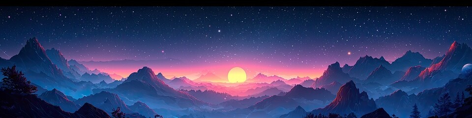 A vibrant sunset over mountains, showcasing a serene and colorful landscape.