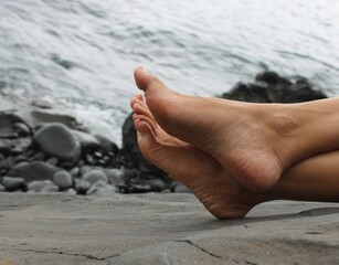 These photographs document a journey through natural landscapes, focusing on the feet interacting with the environment, from the beach's soft sand to the stones and more.