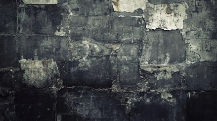 Dark, textured brick wall with peeling paint.