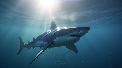 Obraz premium Massive great white shark swimming through crystal