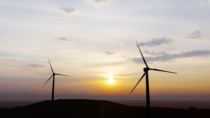 Wind power plant towers in mountains at sunset. Windmill farm. Sustainable energy production. Green energy, clean power, clean energy concept.	
