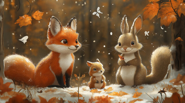 Whimsical animal postcard with playful foxes, rabbits, and squirrels in a cozy woodland setting. The delightful design is perfect for charming greetings and playful notes for friends and family.