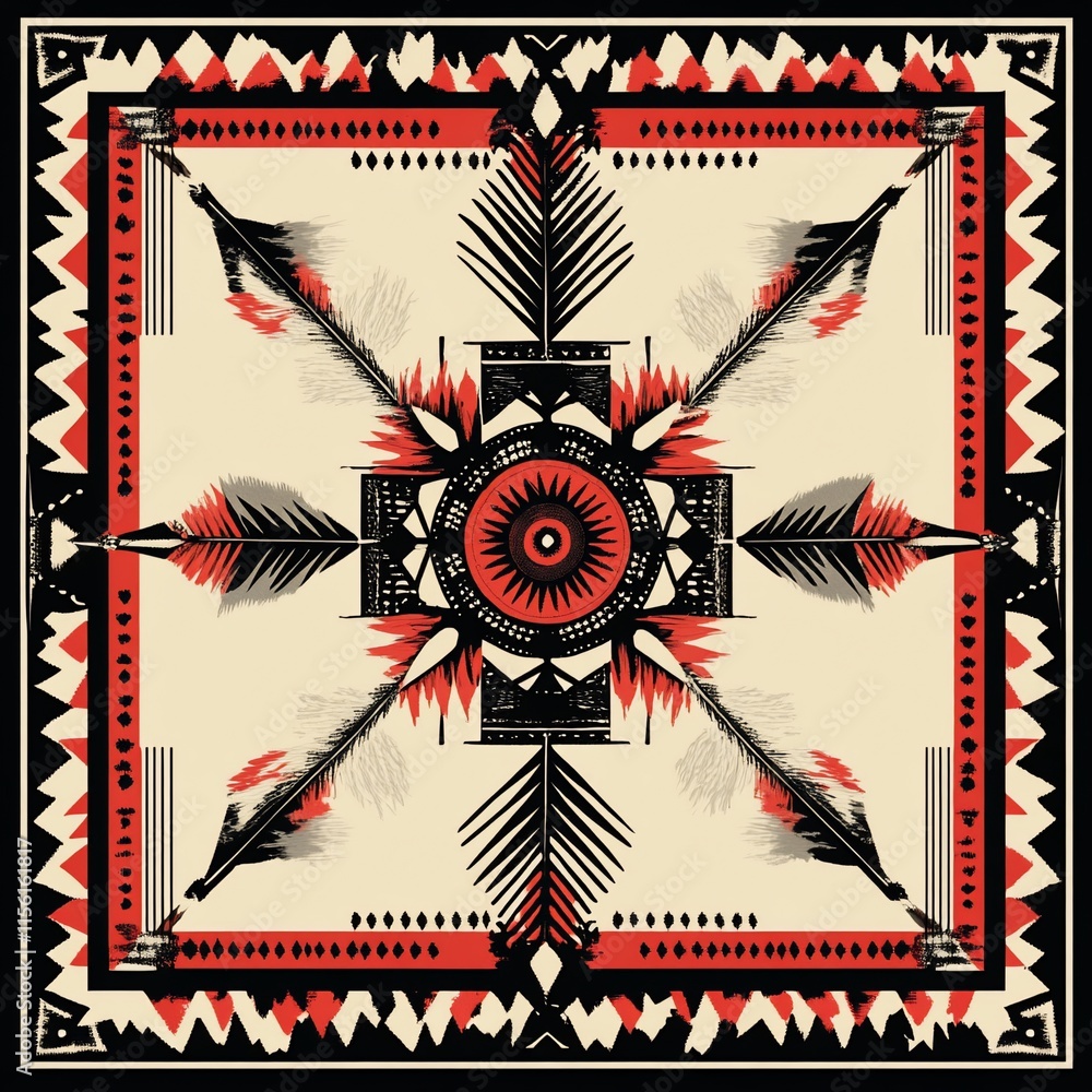 Poster symmetrical native american-inspired design with arrows, feathers, and geometric patterns in red, bl