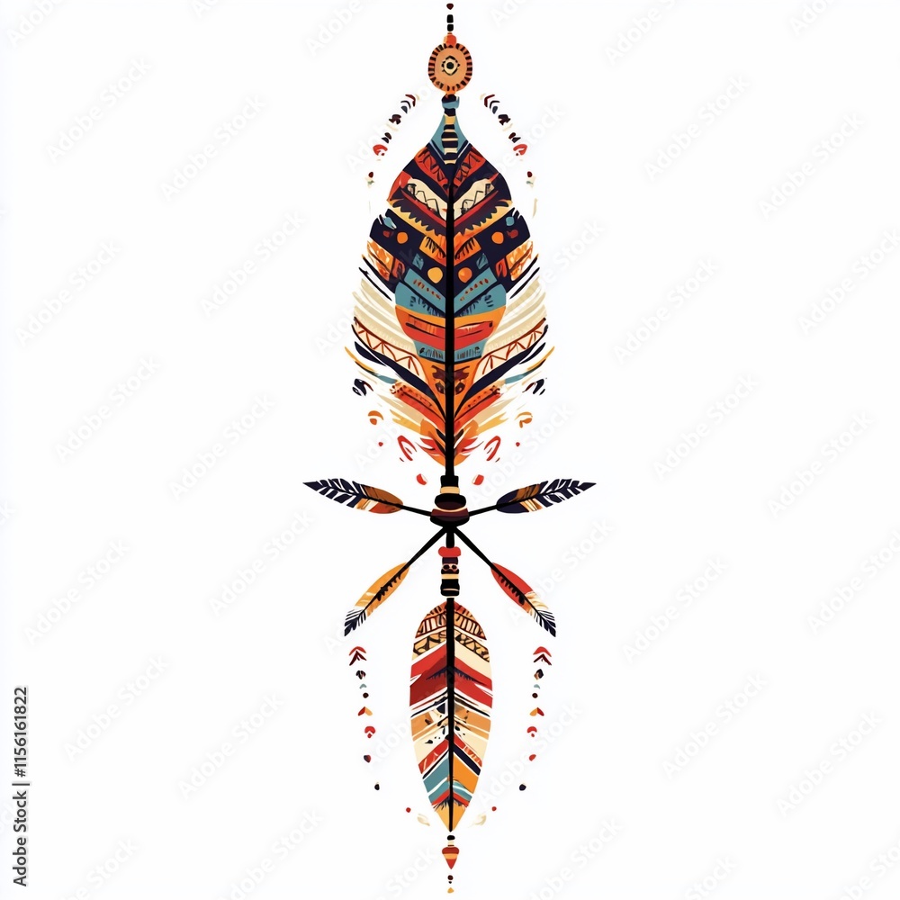 Poster Ornate colorful feather design with symmetrical patterns and geometric shapes on a white background.