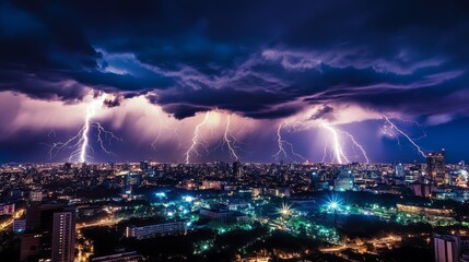 Dramatic lightning storm over illuminated city at night. (1)