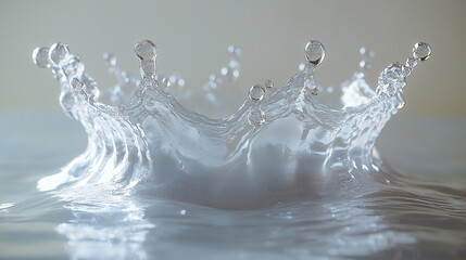 Elegant splash of water forming a crown shape, bright reflections, pristine white background