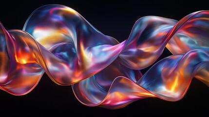 Fluid metallic shapes twisting and reflecting a spectrum of colors; the abstract forms appear weightless, floating against a dark gradient background.