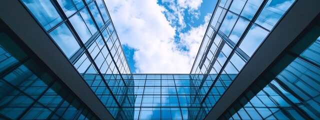 Obraz premium Modern glass building atrium with blue sky and clouds visible through the glass panels.