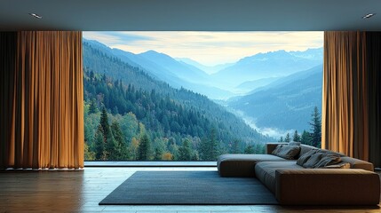 Serene Scandinavian Minimalist Living Room with Modern Beige Sofa and Scenic Views