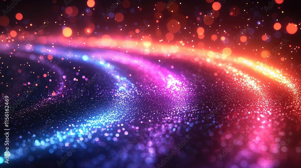 Poster a vibrant, abstract wave of colorful particles creating a mesmerizing visual effect.