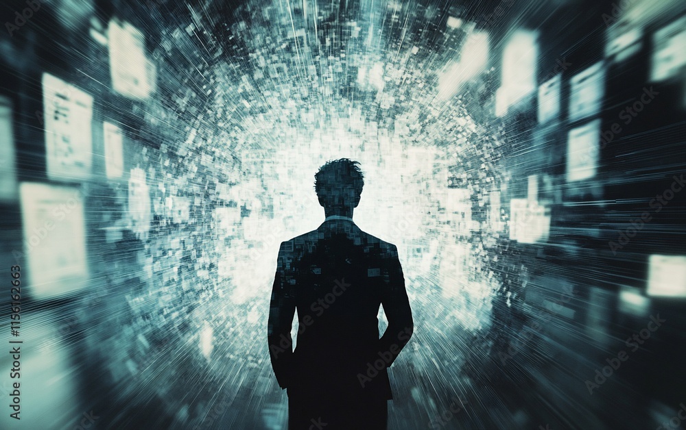 Poster man in suit facing bright light amidst swirling digital data.