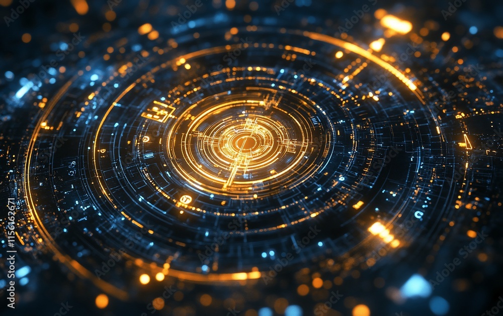 Poster abstract glowing circular technology design with digital elements.