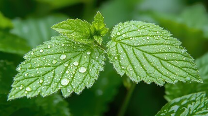 Close-up of two fresh green leaves with water droplets.