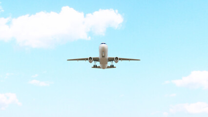 ULTRA HD. Airplane flies in blue sky. Travel, tourism. Airplane takes off against the background of blue sky.
