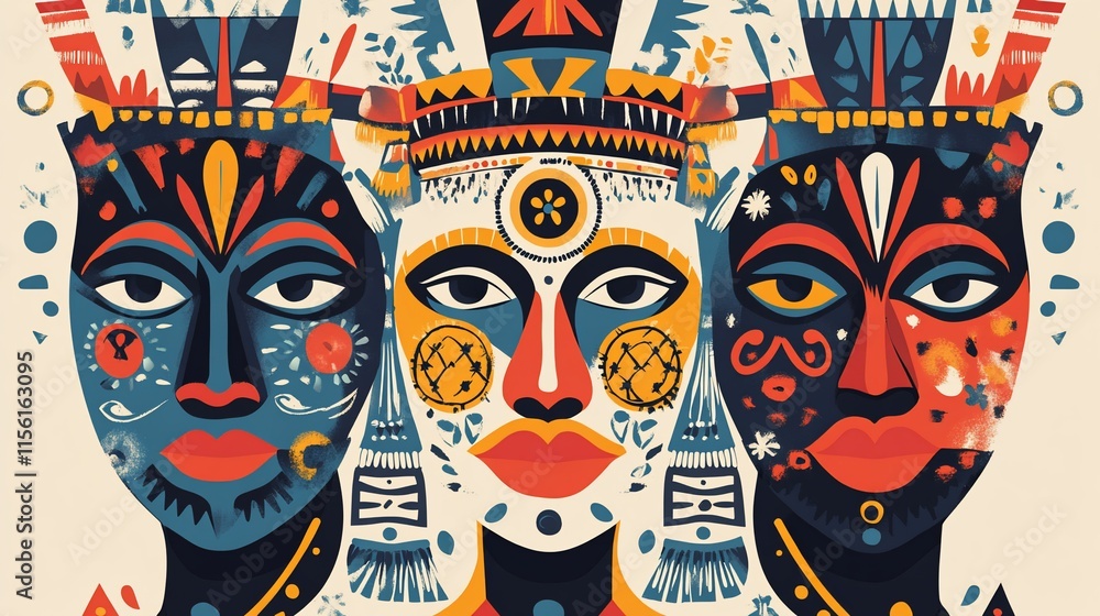 Poster three stylized tribal masks with vibrant colors and geometric patterns.