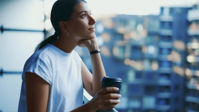 Hispanic Woman Relaxing on Balcony with Mug of Coffee at Sunset