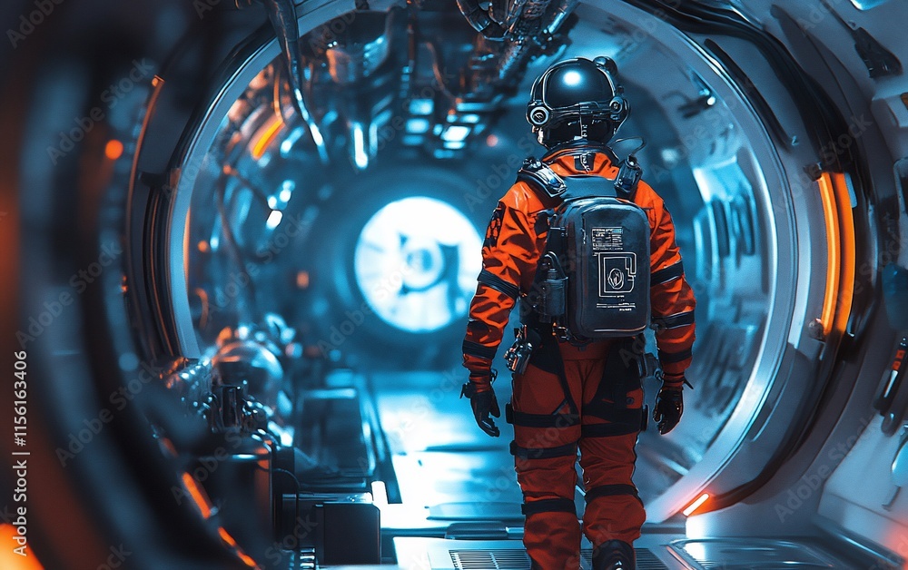 Poster astronaut walking through futuristic spaceship corridor.