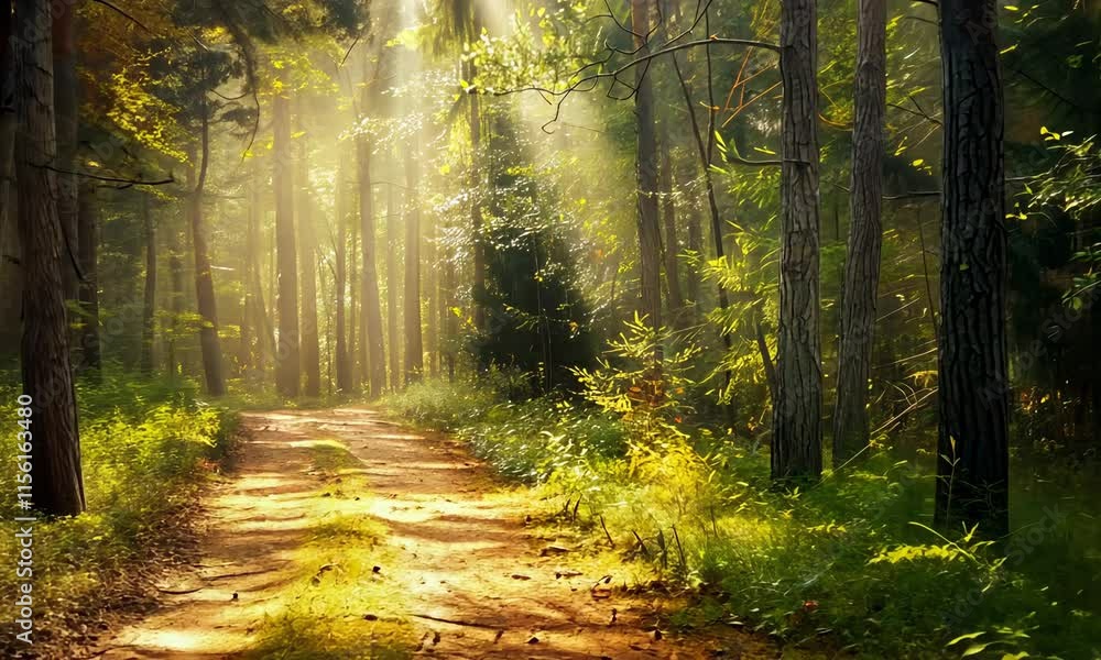 Aufkleber sunlight filters through serene forest path, illuminating lush greenery and creating tranquil atmosp