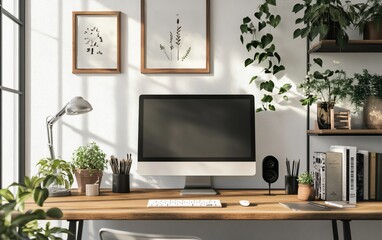 Modern minimalist home office workspace with desktop computer, plants, and natural light.