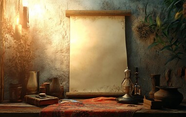 Blank parchment scroll on rustic wooden table with antique objects and candlelight.