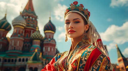 Obraz premium A Woman in Traditional Russian Attire Near Saint Basils Cathedral