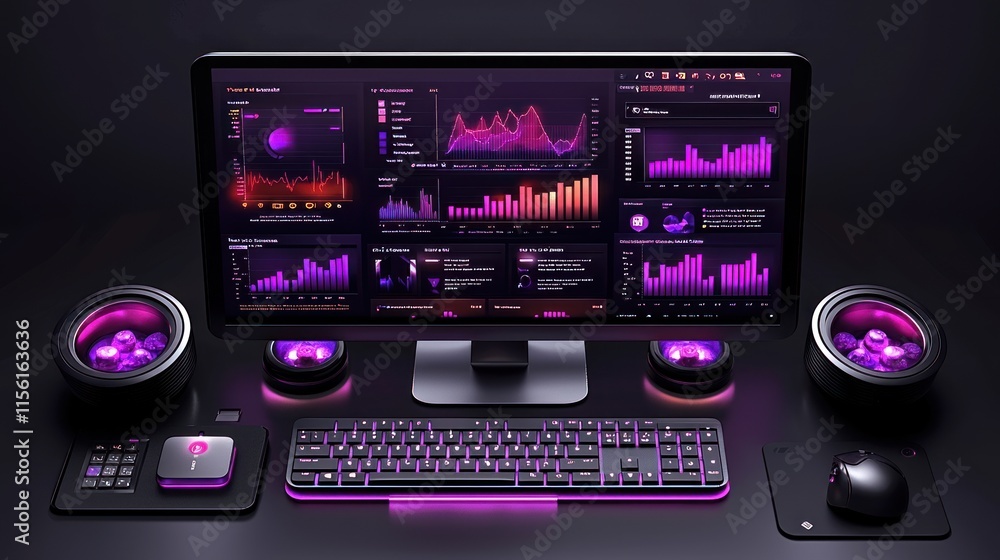 Poster cyberpunk workstation: data visualization on a sleek gaming setup