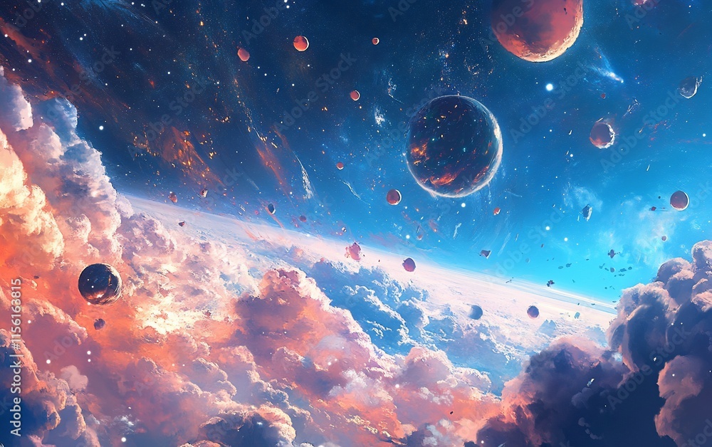 Poster a vibrant, surreal dreamscape depicting a celestial expanse filled with luminous planets, asteroids,