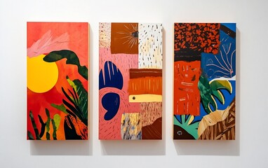 Obraz premium Three abstract paintings with vibrant colors, organic shapes, and textures hang on a white wall.