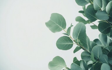 Obraz premium Lush green eucalyptus leaves on a light gray background, perfect for design or decoration.