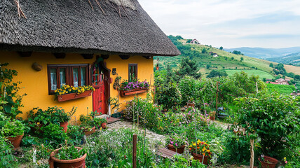 A charming cottage with a thatched roof and colorful flower boxes, nestled in a lush garden, surrounded by rolling hills, creating a picturesque and inviting countryside scene.