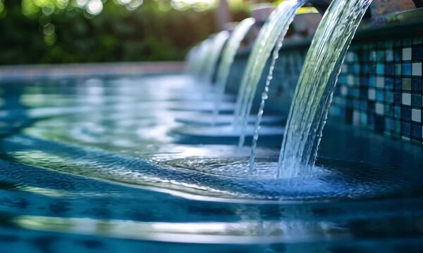 Close-up of waterfall feature in tiled pool, with rippling water