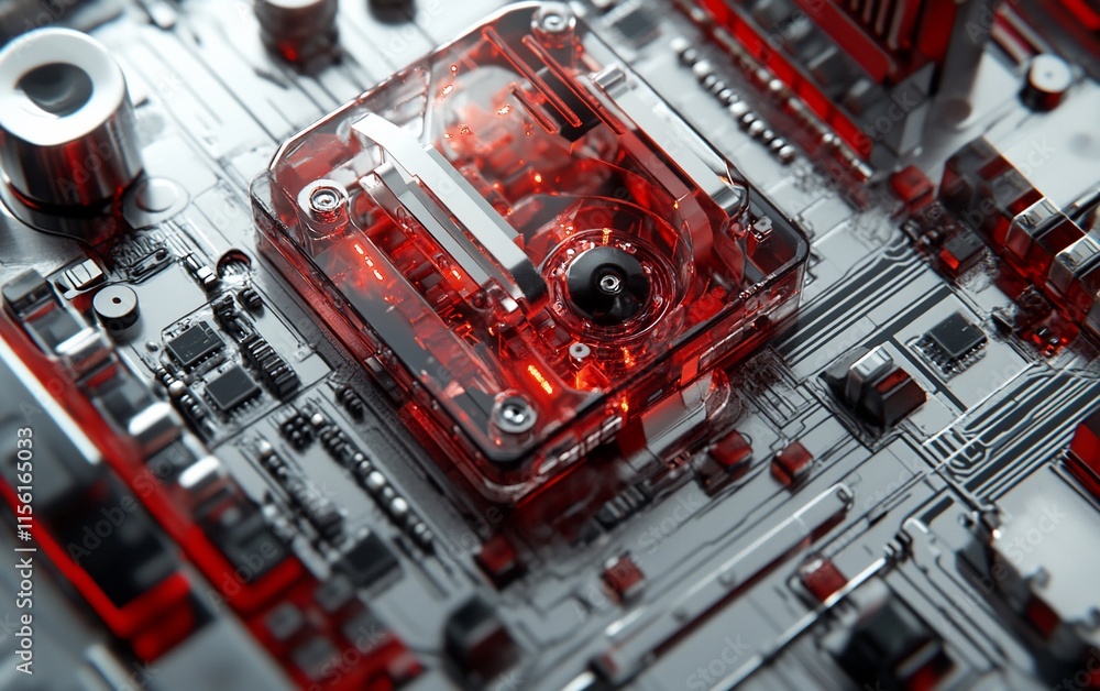 Aufkleber Close-up of a transparent red CPU with internal components on a circuit board.