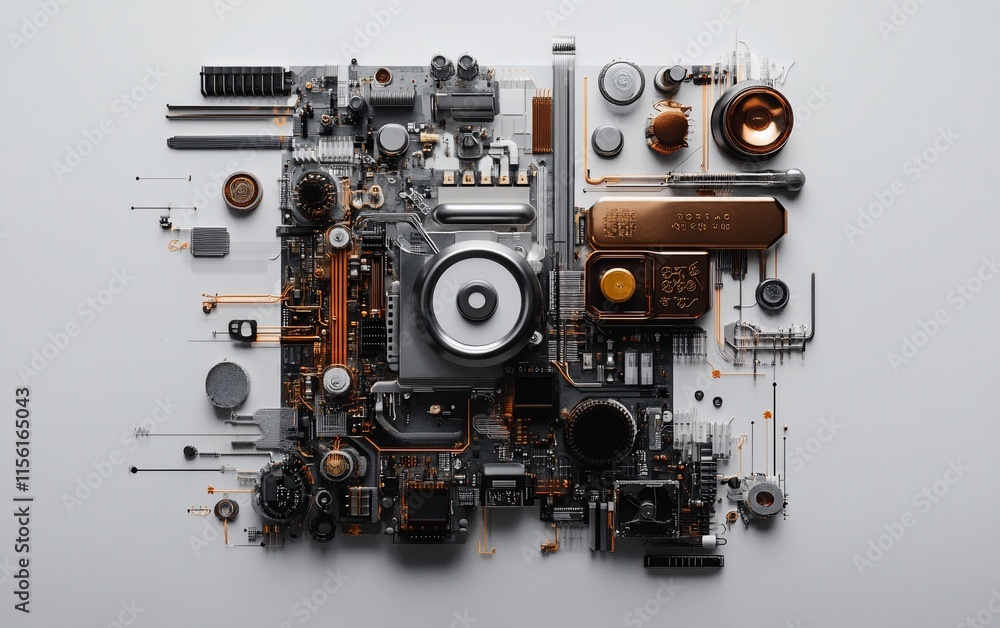 Poster abstract technological artwork featuring metallic components, circuits, and speakers, arranged in a 