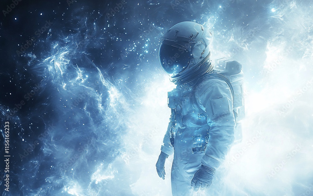 Poster astronaut in a cosmic nebula, glowing with ethereal light.