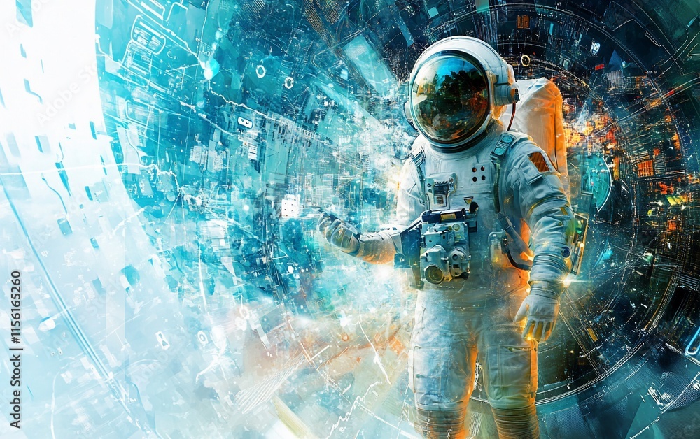 Poster astronaut in futuristic space suit exploring a digital portal.