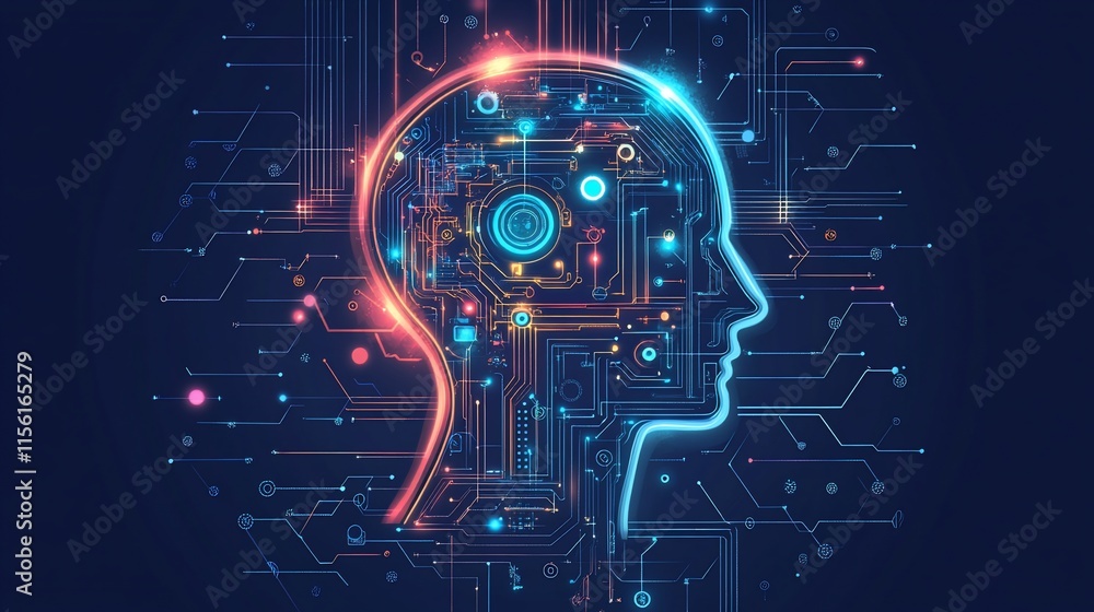 Poster Abstract human head with circuit board inside, representing artificial intelligence and technology.