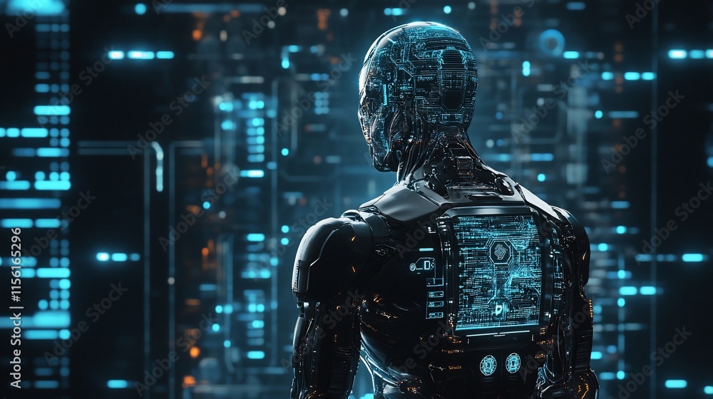 Aufkleber futuristic robot observing digital data streams on a large screen.