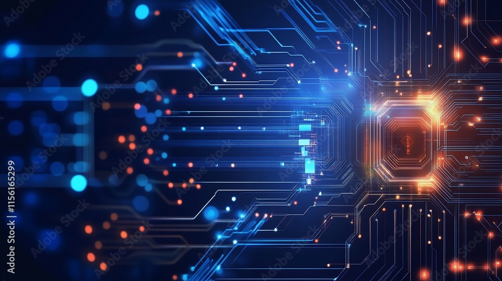 Poster Abstract digital circuit board with glowing lines and central processor.