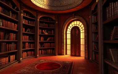 Obraz premium Circular library room with ornate bookshelves, arched doorway, and red rug.