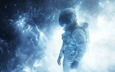Fototapeta premium Astronaut in a cosmic nebula, glowing with ethereal light.