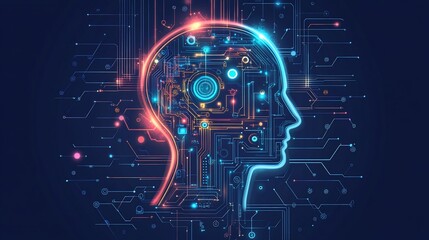 Abstract human head with circuit board inside, representing artificial intelligence and technology.