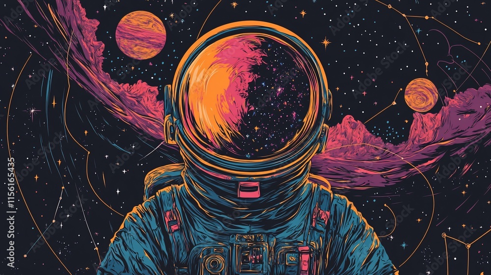 Poster astronaut's helmet reflecting vibrant nebula and planets in space.