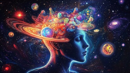 Cosmic mind, universe inside head, vibrant galaxies, planets, stars, nebulae.