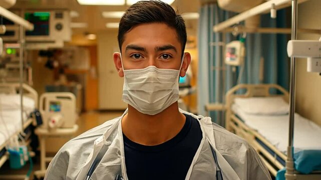 A professional man in medical attire looks into the camera with determination in a clinical setting. Concept of healthcare heroes and frontline efforts.