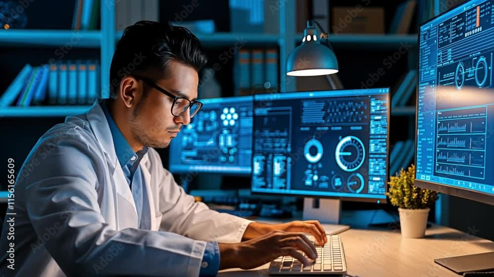 Poster focused researcher in a laboratory working with futuristic data screens. concept of science, innovat